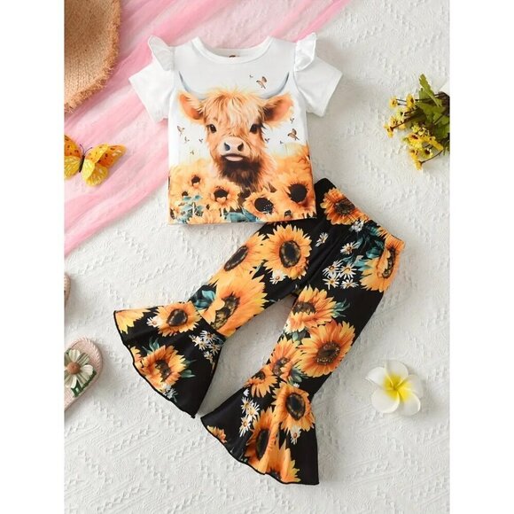 2pcs Adorable Toddler Girl's Cow & Sunflower Pattern Casual OutfIT - Picture 1 of 4